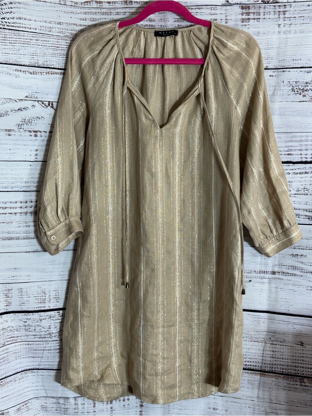 Maven West Dress Womens Sz Xs Metallic Stripe Tunic Gauze Boho chic Resort wear